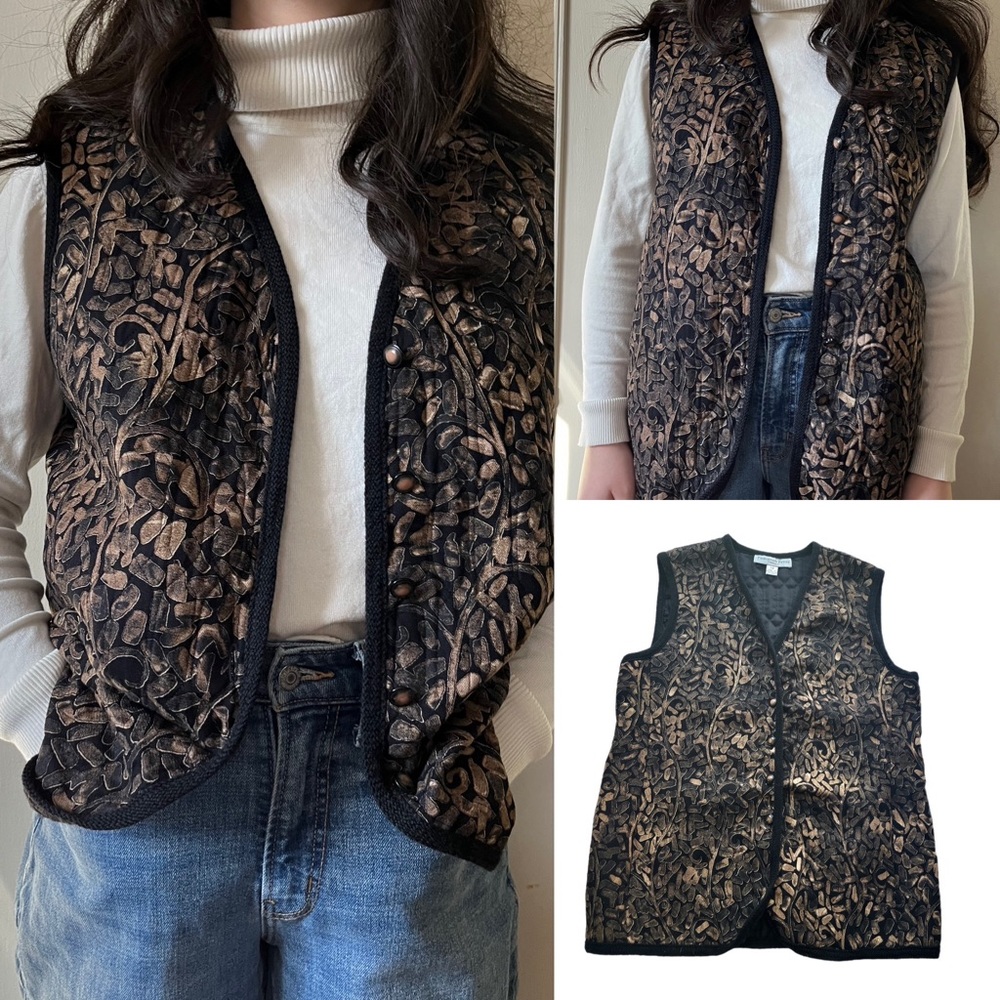 80s/90s Lightweight Quilted Black/Brown Print Vintage Vest by Proportion Petite‎